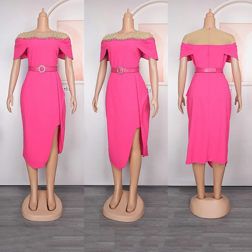 Elegant African Bodycon Dresses for Women O Neck Short Sleeve Beaded Side Split Business Work Dress Midi Female Cloth Customized