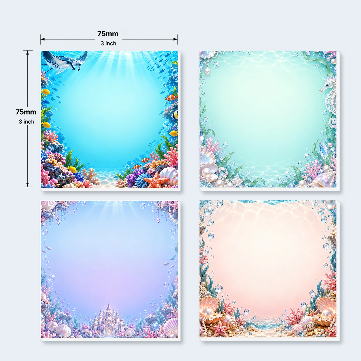 4PCS Ocean Sticky Notes 200 Sheets Coral Reef Seashell Pearl Mermaid Memo Pads Writing Reminder Office School Stationery