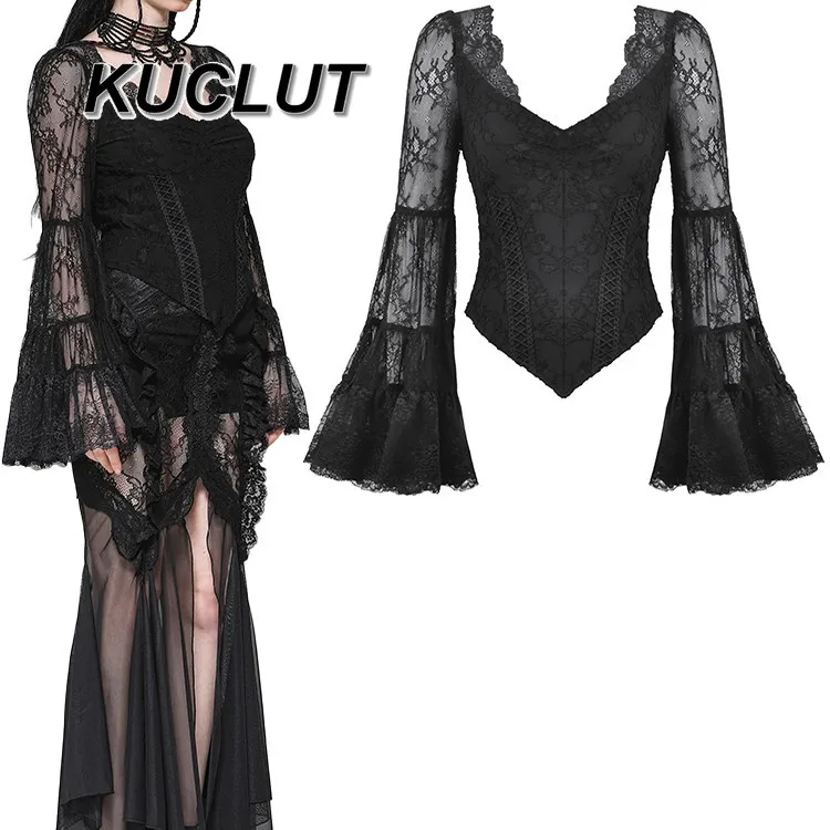 

Gothic Women's T-Shirts Summer Clothing Romantic Lace Casual V Neck T Shirt Patch Bell Long Sleeve Tee Layered Cuff Y2k Top