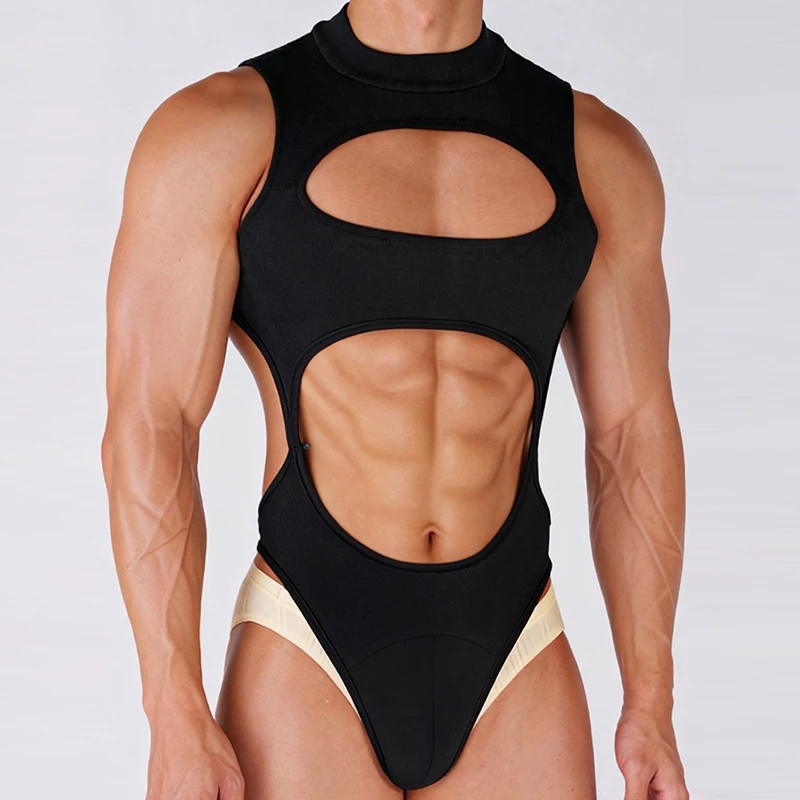 2026 Summer Nightwear Mens Slim Fit Elastic Bodycon Bodysuits Party Fashion Men Sleeveless Hollow Out Jumpsuit Sexy Men Playsuit