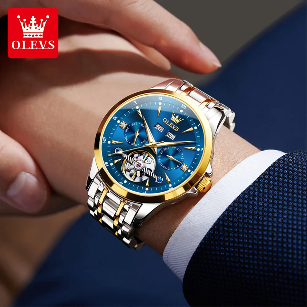 OLEVS 7091 Männer Uhr Luxus Marke Automatische Mechanische Uhr Multi funktionale Wasserdichte Leucht aushöhlen Business Männer Uhr