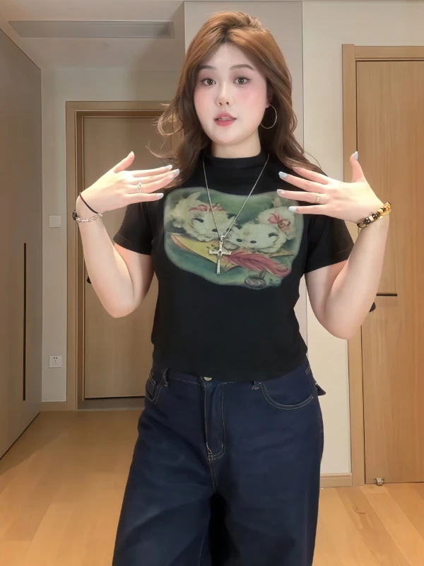 

plus Size American Print ort Sve Women's T-irt Summer Slim Fit Base irt High Waist Commute Sle Regular Sve