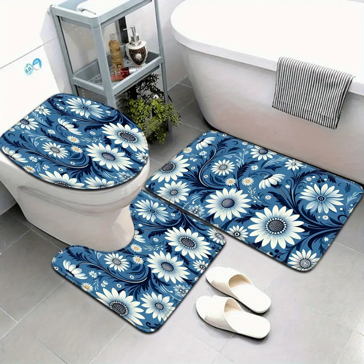

Открытый 3 шт., синий коврик для ванной комнаты в европейском стиле с цветочным узором, набор синего коврика для унитаза и U-образная подставка для ног