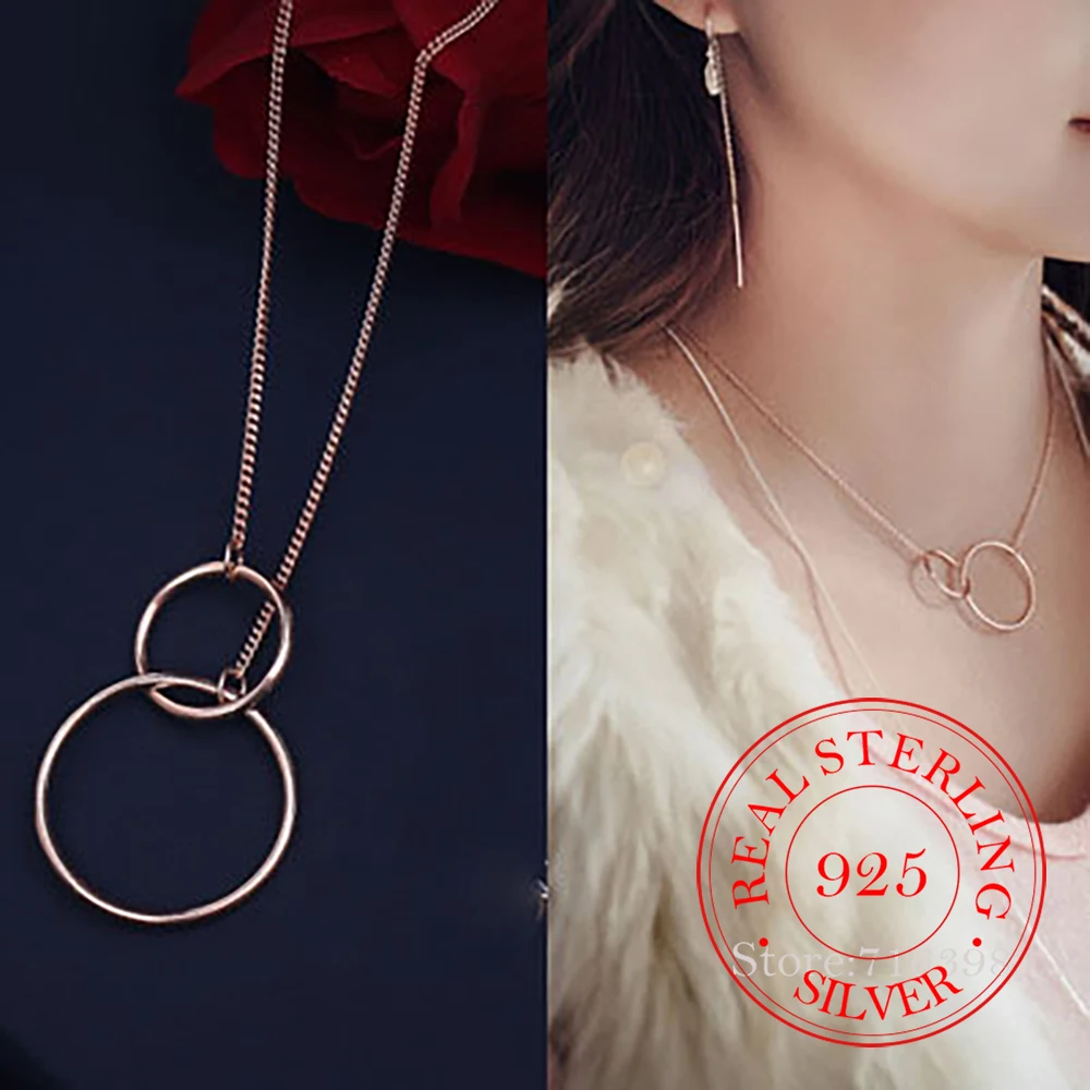 925 Sterling Silver Double Circle Interlock Clavicle Short Necklace silver 925 Jewelry For Women collares para mujer plata 925