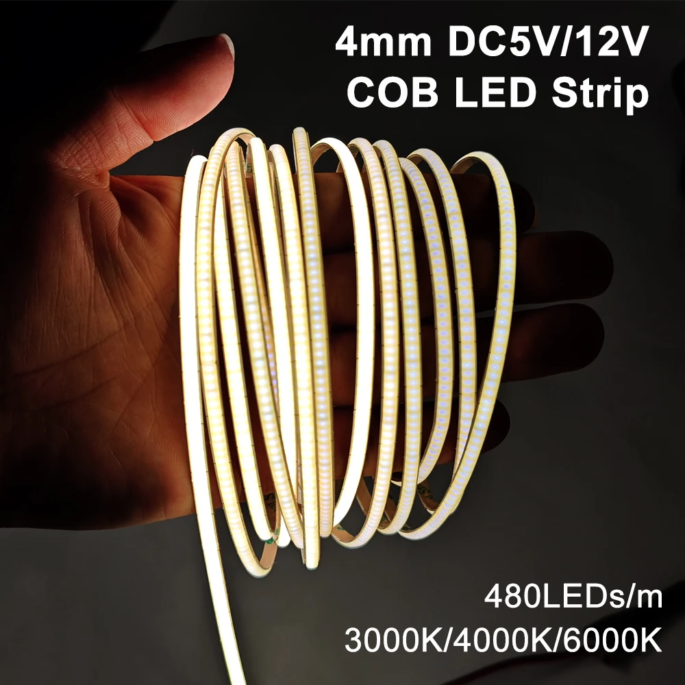 

4mm COB Led Strip Light Super Thin For Home Decor 480 LEDs/M High Density Flexible RA90 Linear Dimmable Warm Nature Cool White