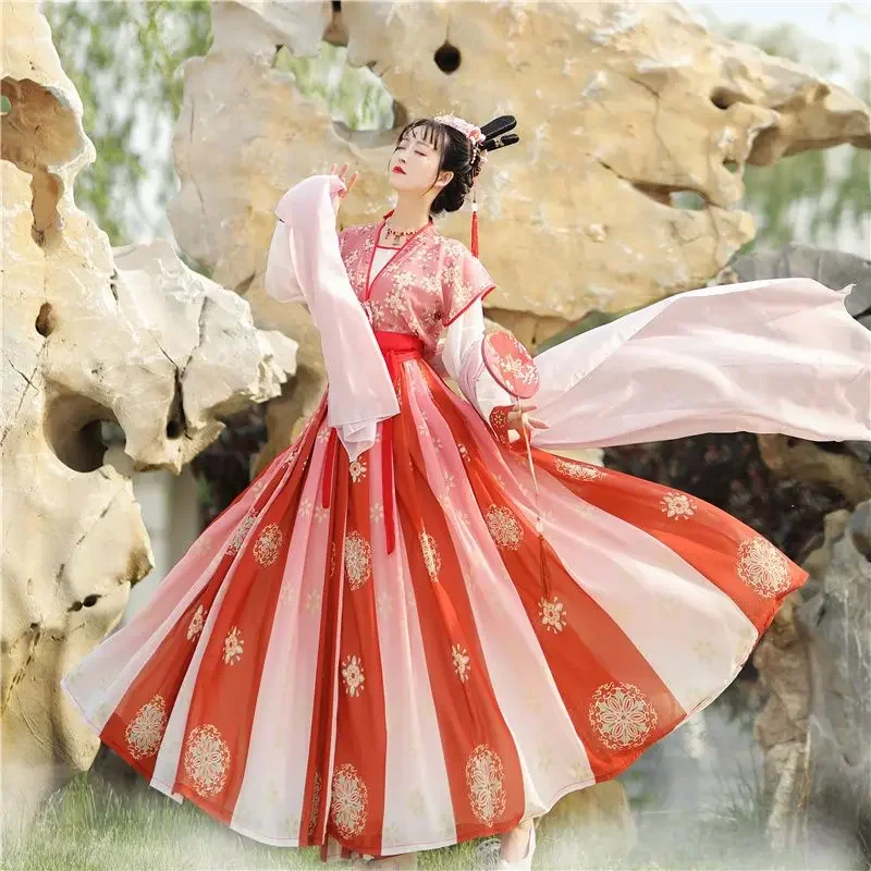 Autentico Hanfu donna tre pezzi cinese Tang Dynasty gonna lunghezza vita primavera estate abito tradizionale cinese Cosplay rosso