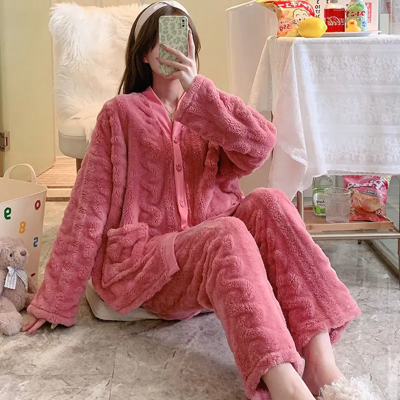 Lady Coral Fleece Pajamas Women Winter Sleep Clothes Fledge Loose Homewear Flannel Loungewear Famale Home Suit Autumn Thickening