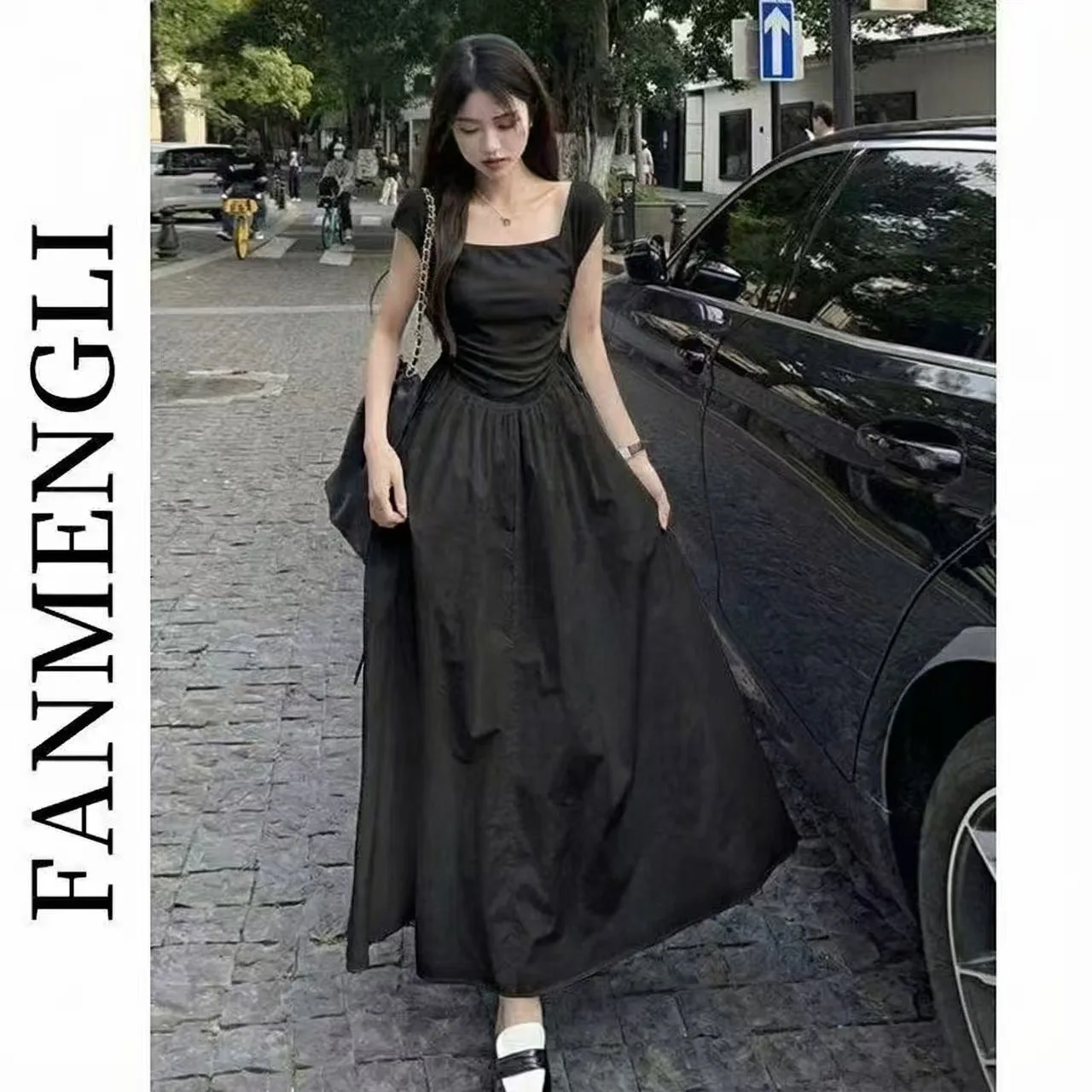 Französischer Stil Schwarzes Figurbetontes Langes Kleid für Damen, Sommer Schlankmachendes und Elegantes Kleid, Hochwertiges Einfarbiges A-Linien-Kleid