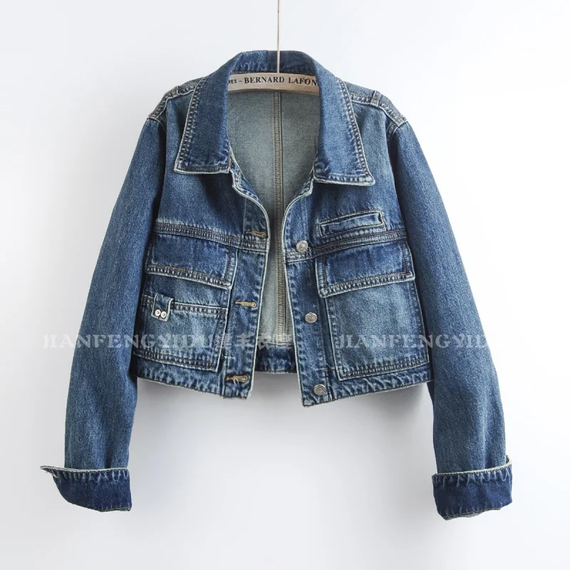 Autumn Women Korean Casual Short Jeans Jacket Green Blue Gray Cowboy Outerwear Lapel Long Sleeve Denim Jacket Jaqueta Feminina