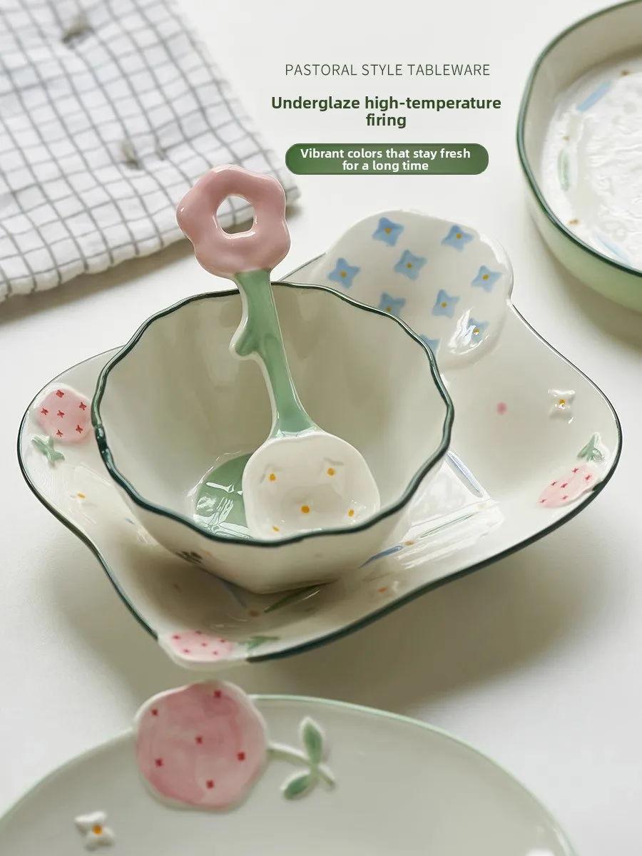 Underglaze color relief dining plates, bowls, spoons, home creative ceramic tableware, home decoration gifts