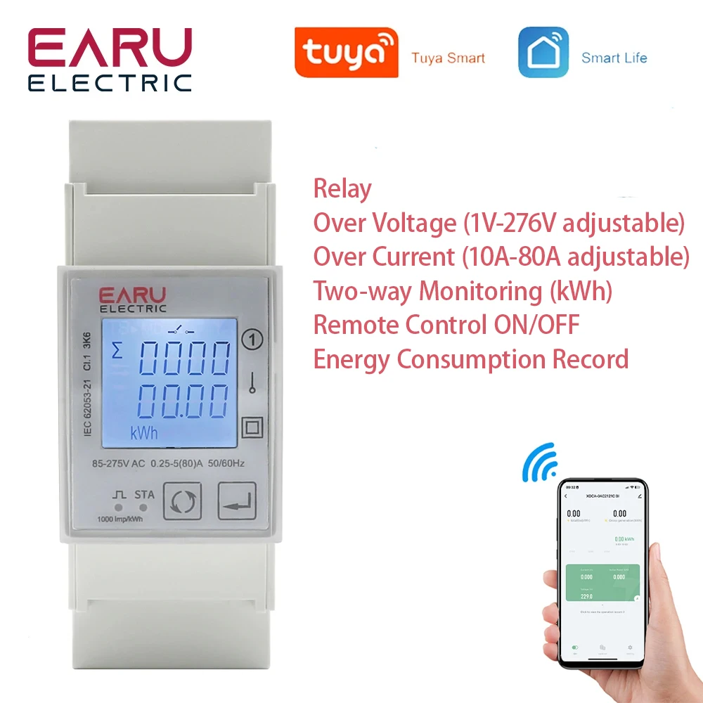 Tuya WiFi ZigBee 110V 220V 80A Smart Single Phase Two-way Bidirectional Energy Meter Timer Power Consumption Monitor KWh Meter