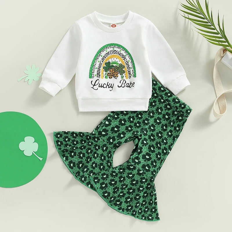 

Children s Girls Outfit Set with Long Sleeve Crew Neck Sweatshirt and Elastic Waist Flare Pants Featuring Letter Green Clover