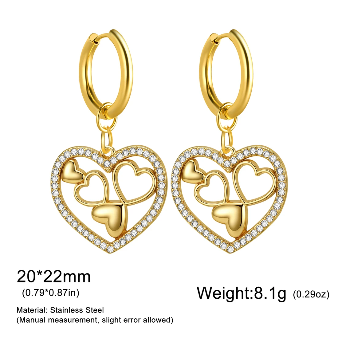 Eueavan Strass-Mehrfachherz-Ohrhänger aus Edelstahl mit 5 Hohlen Herzen für Frauen, Romantischer Schmuck als Geschenk – Detail 20