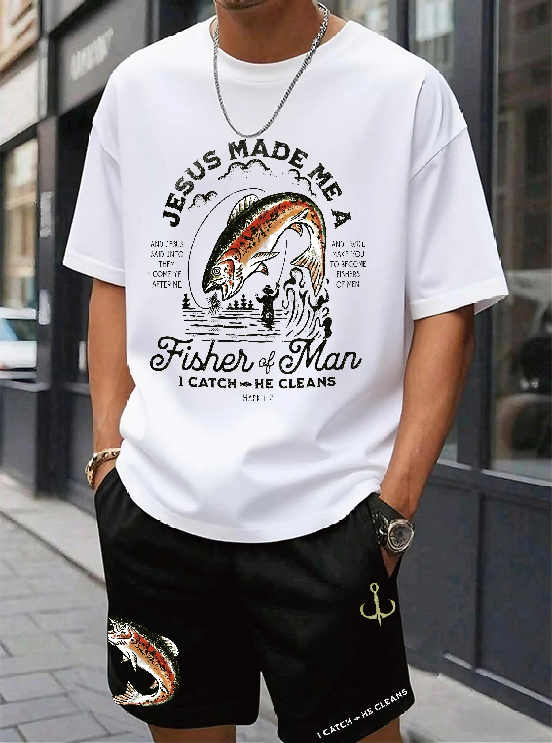 Round neck T-shirt Black Fish and Bible text prints Suitable for religious gatherings and daily wear