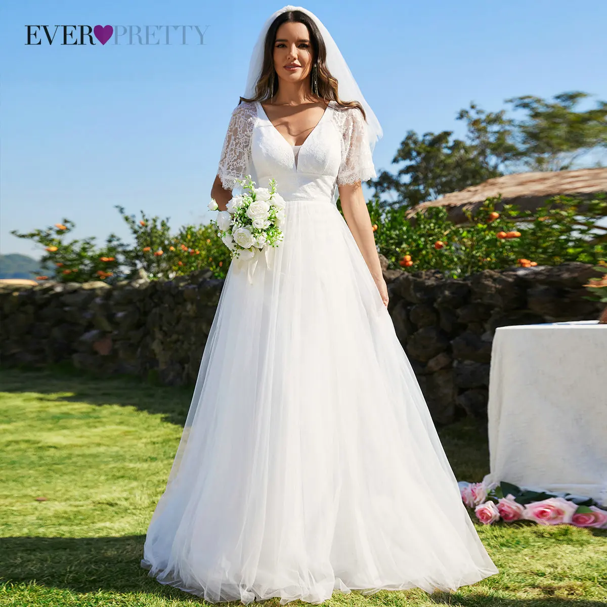 

Ever Pretty Elegant Ball Gown V Neck Short Sleeve Lace Wedding Dress 2024 Bride Long Tulle White Dress vestido de noiva 2039