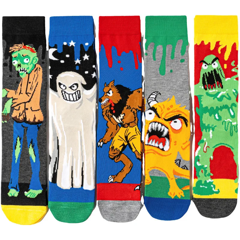 Cute Cartoon Monster Patterned Adult Knitted Mid-calf Socks Playful Color Contrast Trendy Fashion Socks Wholesale