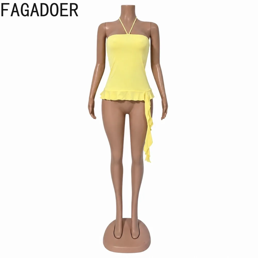 FAGADOER Women Fashion Ruched 2 Piece Set Sexy Lace-up Backless Ruffled Crop Top Bodycon Capri Pants Outfit Streetwear Club Suit view 5