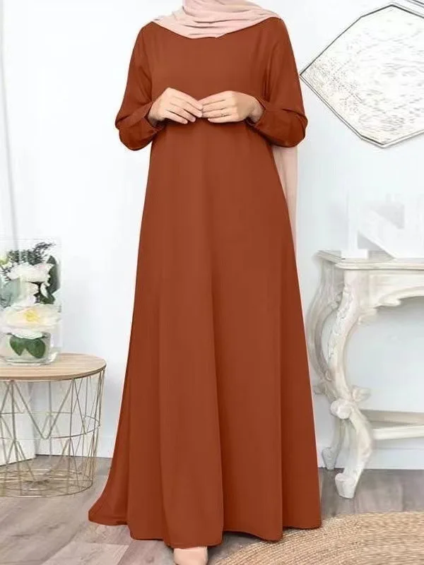 2024 new ethnic clothing solid color loose fitting pullover casual elegant long sleeved minimalist dress