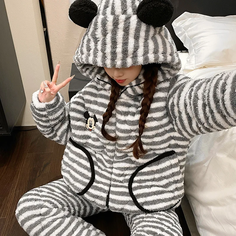 

Mickey Embroidery Gray & White Striped Hooded Pajama Mickey Ear Decor Zipper Design Soft Warm Y2K Aesthetic Loungewear Sleepwear