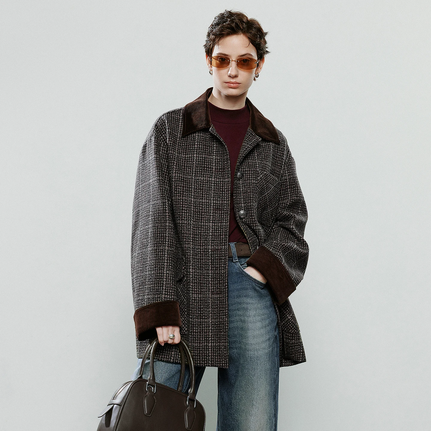 เสื้อโค้ทผู้หญิง TOYOUTH รุ่นใหม่ประจำฤดูหนาวปี 2025 ผลิตจากขนแกะแท้ 100% ผ้าลูกฟูก ลายสก็อต ตัดต่อผ้าขนสัตว์