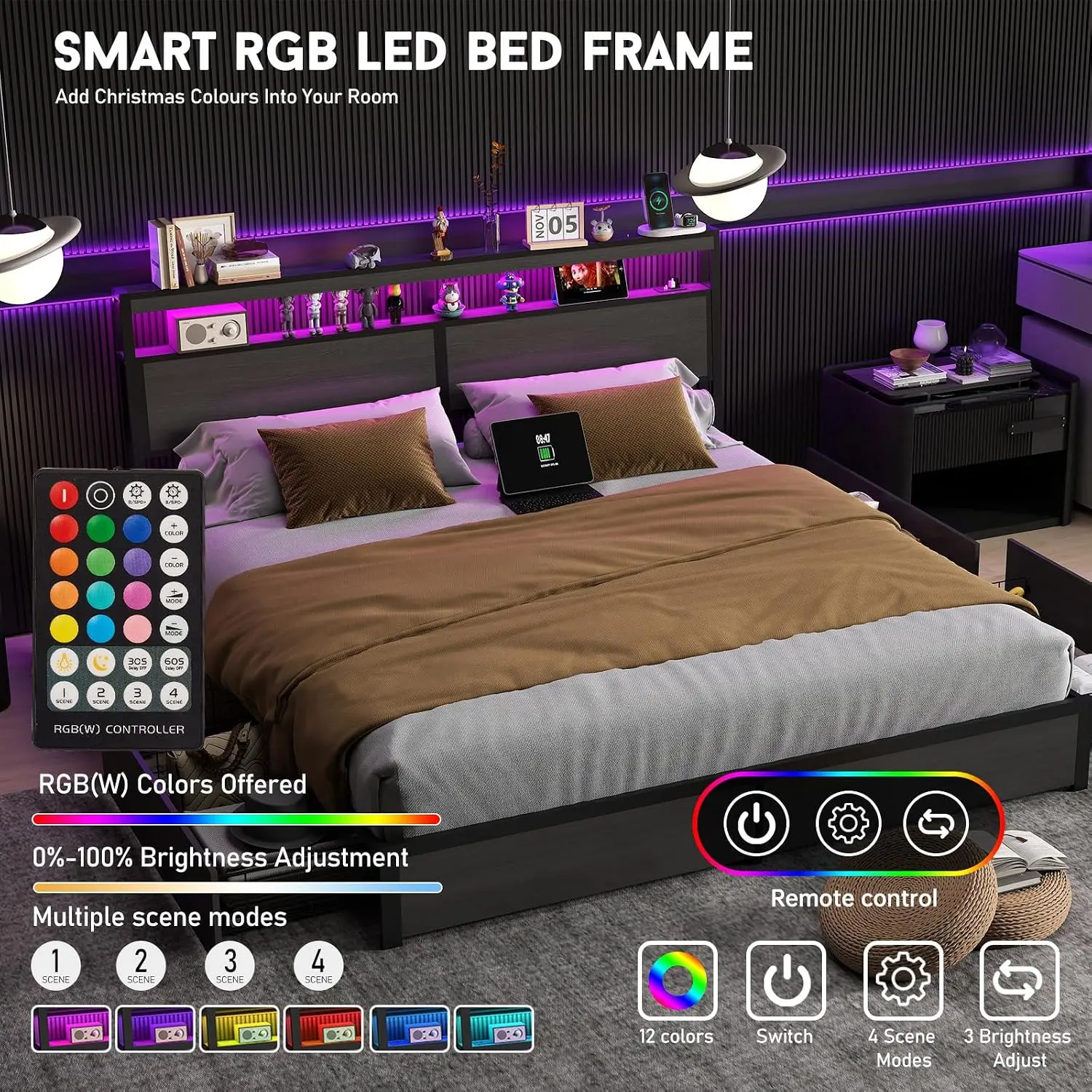 Kingsize-Bettgestell mit LED-B – King Size Bed Frame With Storage Drawers Bewertung und Preis