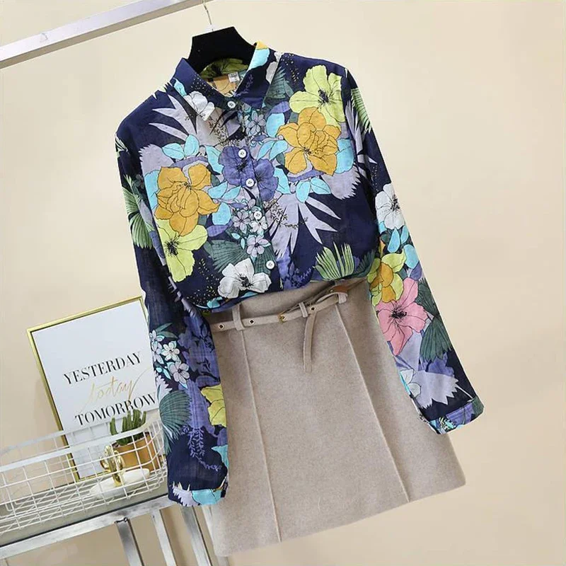 Spring Autumn Cotton Linen Casual Fashion Floral Print Shirt Ladies Loose All-match Sweet Blouse Femme Comfortable Top Women