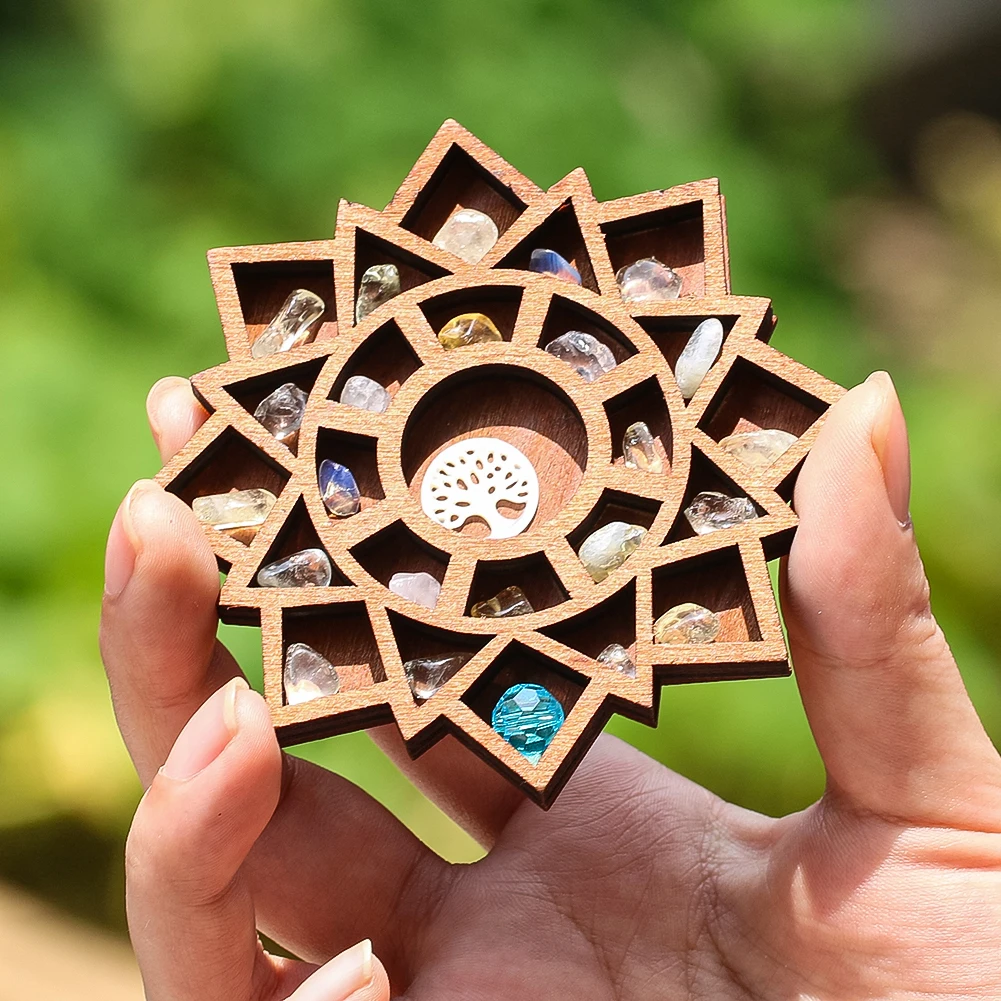 

Mandala Flower Tray Wooden Lotus Crystal Crushed Stone Display Stand Organizer Ornament Miniature Storage Decoration Gift