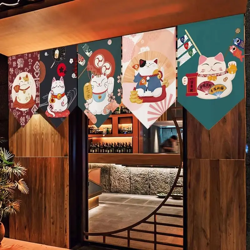 VIKAMA Vintage Floral Maneki Neko Print Triangular Japanese Noren Window Valance Light Filter Cafe Ramen Shop Curtain