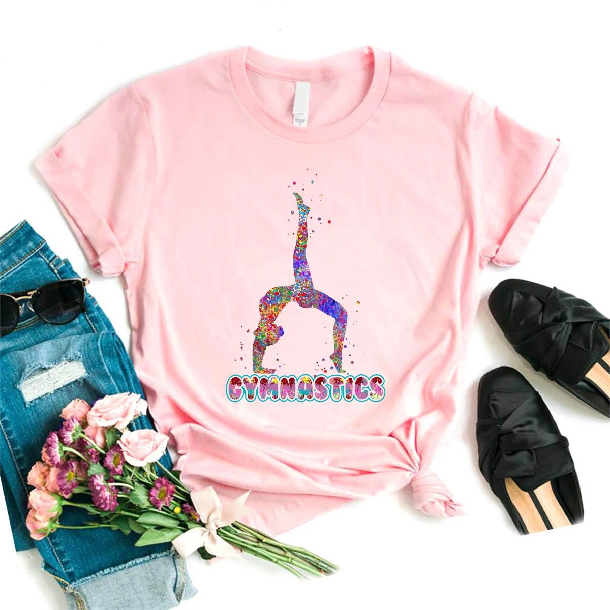 Neueste Aquarell Splash Glitter Gymnastik Mädchen Grafik Gedruckt T-shirt Mädchen Liebe Sport Casual Sommer Mode T-Shirt Frauen
