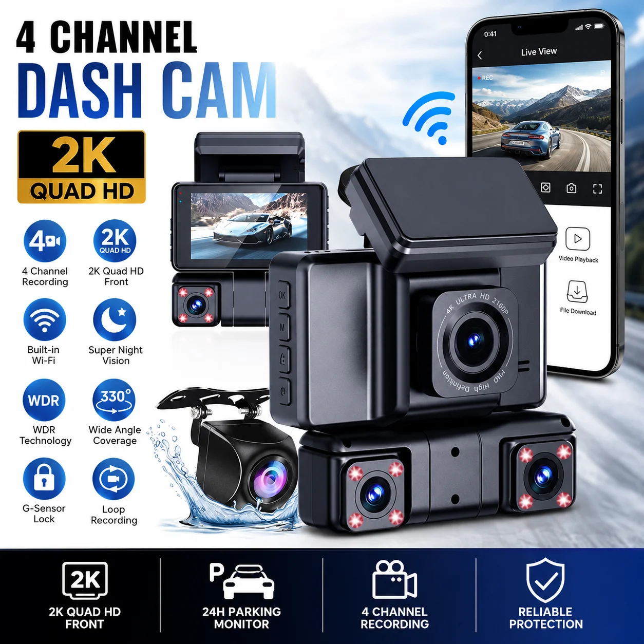 EKLEVA 4 Channel 2.5K+1K Car Dash Cam 3 Inch WiFi 360° 4 Lens Infra-Red DVR Front Rear Inside Left Right Video Recorder For Car