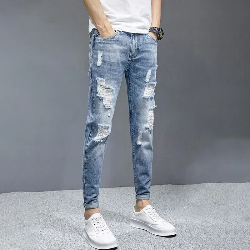 TFETTERS 2024 Spring Summer Men Ripped Jeans Cropped Mid Rise Stretch Hip Hop Punk Pencil Pants Streetwear Party Men Clothing