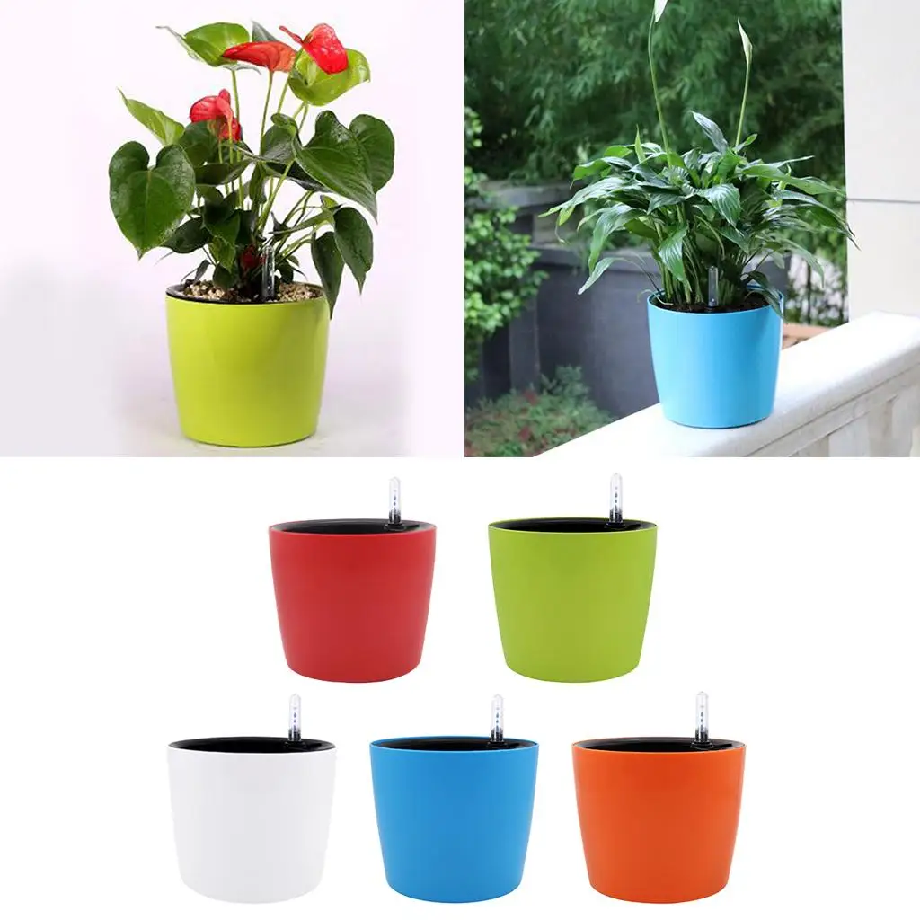 Self Watering Plant Pot with Water Indicator Automatic Absorb Cotton Rope Plastic Planter for Indoor Tropical Plants