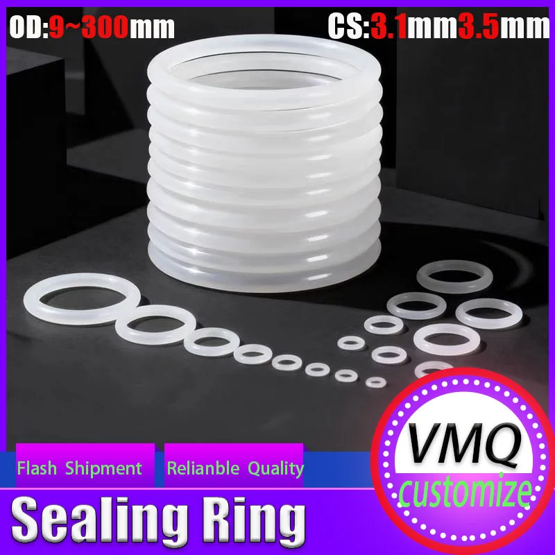 VMQ CS3.1/3.5mm white silicone sealing ring, food grade silicone insulation molded sealing O-ring, silicone ring OD9-300mm