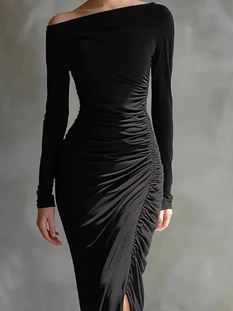 Elegante dame hoge taille split banketjurk temperament slanke jurk met lange mouwen stijlvolle schuine kraag effen ruches avondjurk