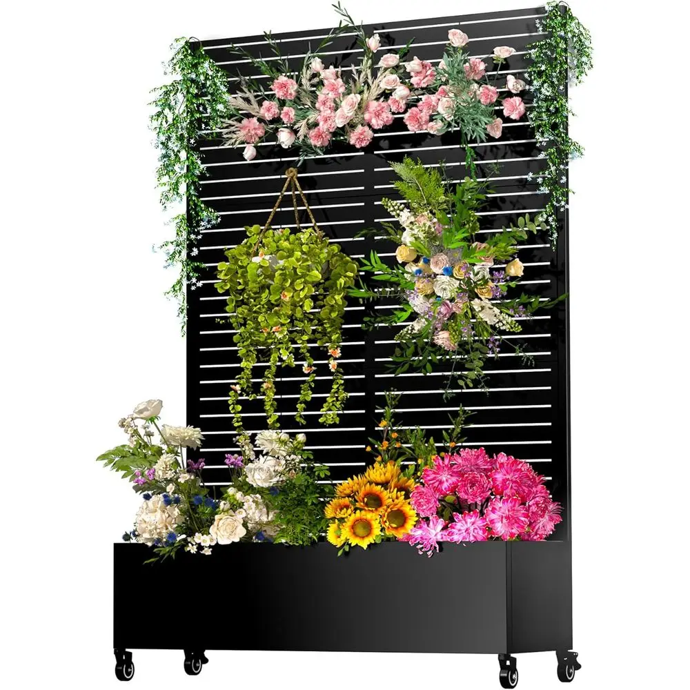 

72x47x16 Galvanized Steel Outdoor Planter Box with Trellis, Privacy Screen, Drainage, and Lockable Wheels for Climbing Plants an