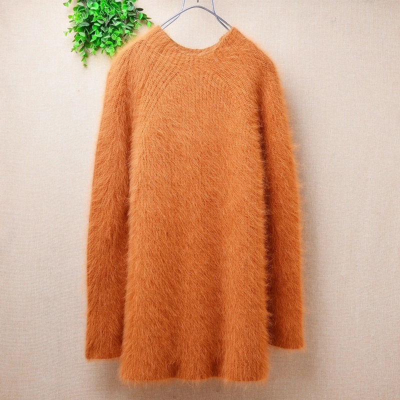 

Ladies Women Fall Winter Clothing Hairy Angora Rabbit Hair Knitted O-Neck Long Sleeves Slim Blouses Pullover Sweater Jumper Pull