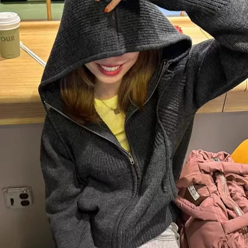 الراقية مزدوجة سستة مقنعين 100% الكشمير سترة مشغولة من الصوف المرأة سترة فضفاضة معطف بقلنسوة لخريف شتاء معطف الصوف #2