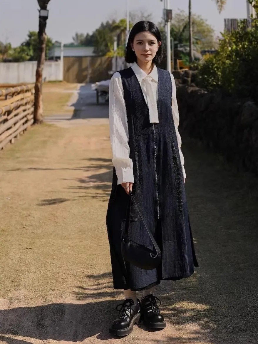 

Японский стильный длинный жилет с V-образным вырезом на молнии для женщин, с завышенной талией, из полиэфирного волокна, осенняя длинная юбка А-силуэта