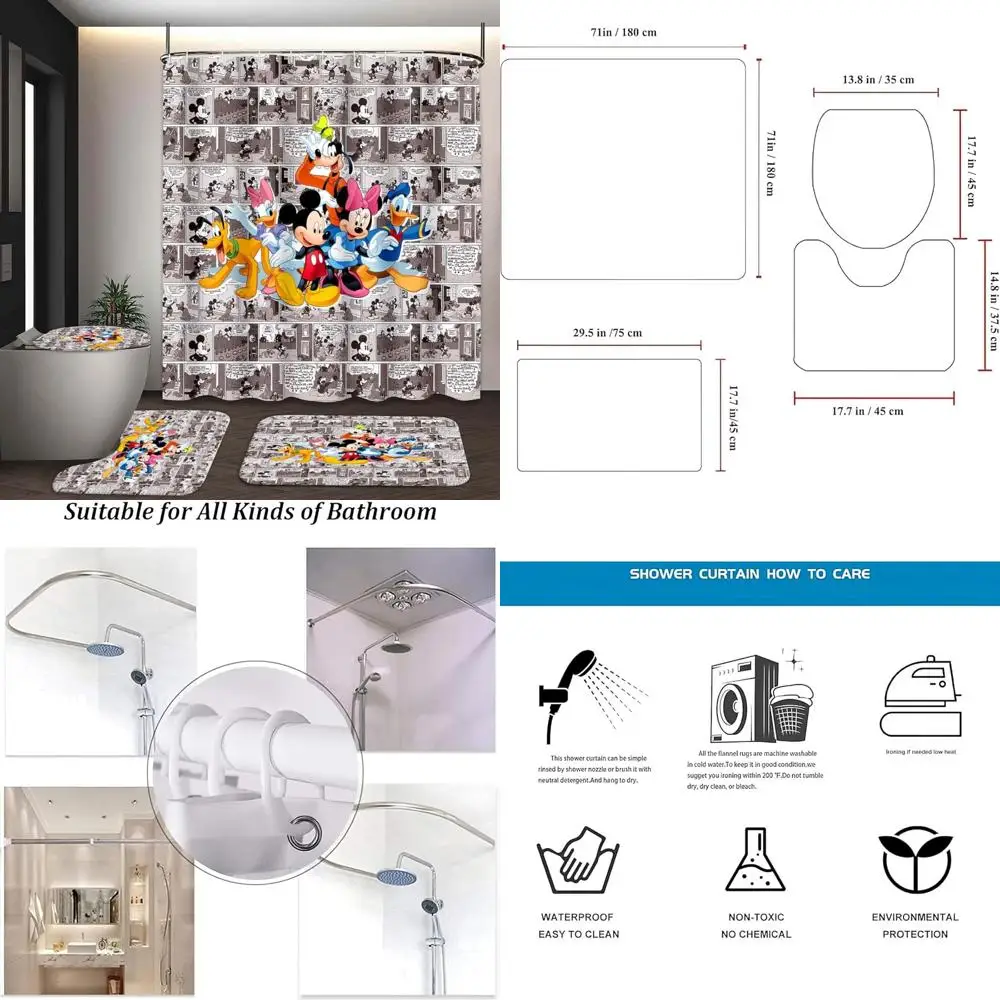 

Милый мультяшный комплект занавесок для душа с ковриками, крышкой и ковриком для ванной, 12 крючка в комплекте, прочный декор для ванной комнаты