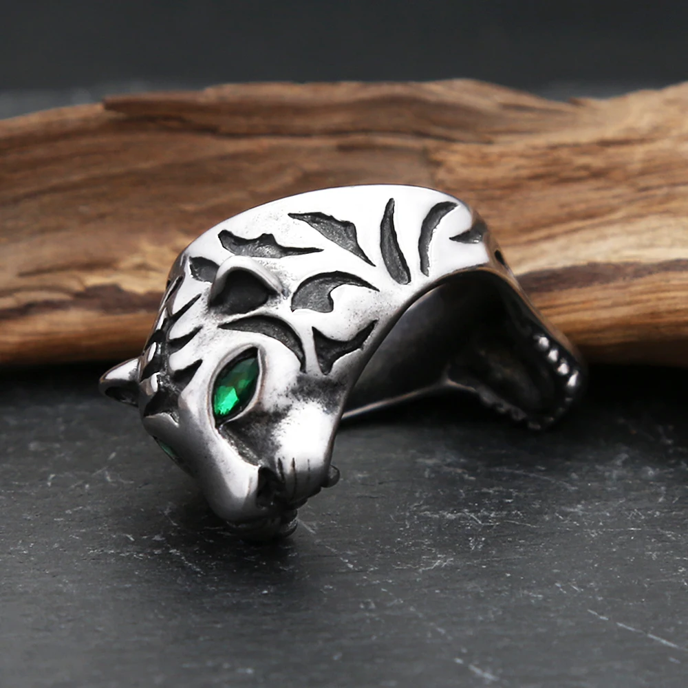 Vintage Punk Tiger Ring With Green Stone Eyes Stainless Steel Hip Hop Biker Animal Rings For Men Party Jewelry Gift Dropshipping