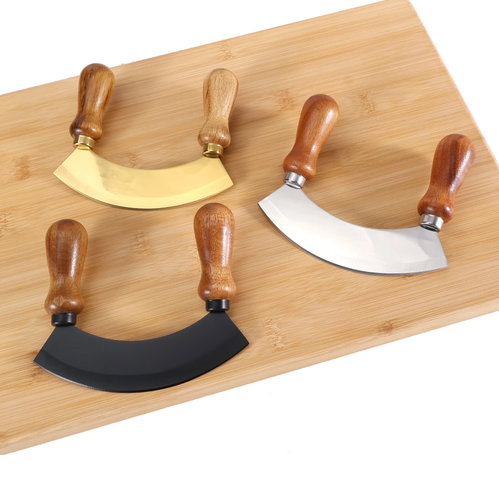 Jaswehome 5.5 Inch Stainless Steel Kitchen Herb Chopper Wooden Handle Pizza Cutter Fruit Vegetable Salad Chopper Mezzaluna Knife