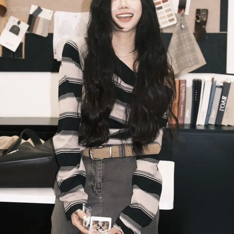 Lazy Qutumn All Match New Skewn Collar Long Sleeve T Shirts Y2k Spice Girl Constrast Color Striped Clothes Harajuku Korean Tops