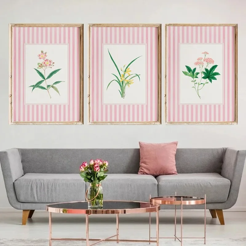 1pc frameless Canvas Painting Vintage Flower Poster Nancy Meyers Aesthetic Striped Floral Pink Coquette Canvas Painting Wall Art