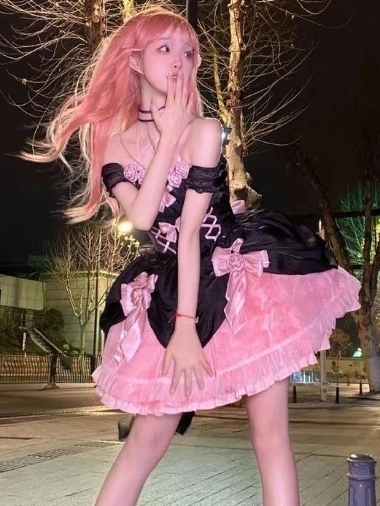 Summer Design Kawaii Women's Clothing Lolita Princess Dresses Halter Short Sleeve Off Shoulder Bow Contrast Color Bandage Dress