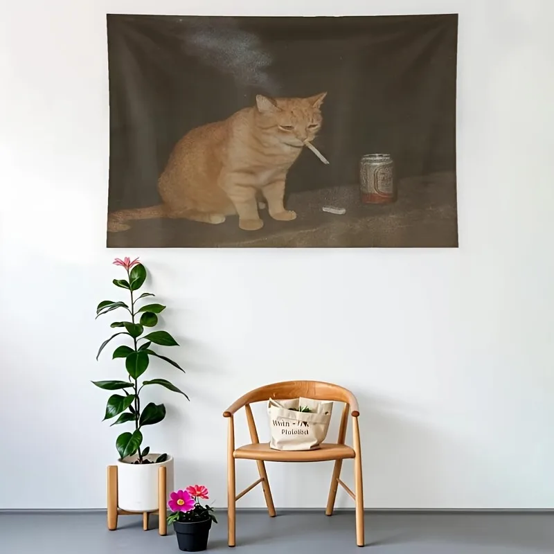 Funny Smoking Cat Meme Tapestry Vintage Wall Hanging Aesthetic Room Decor Dorm Bedroom Living Room Background Wall Cloth Home