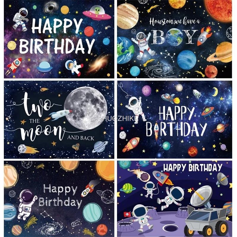 

Outer Space Happy Birthday Backdrop Galaxy Planet Astronaut Rocket Photography Background Party Cake Table Banner Decor Props