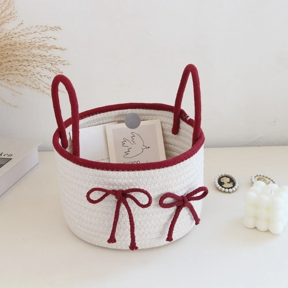 

New with Lid Crochet Storage Basket Bowknot Woven Cotton Home Organizer Bin Solid Desktop Decorative