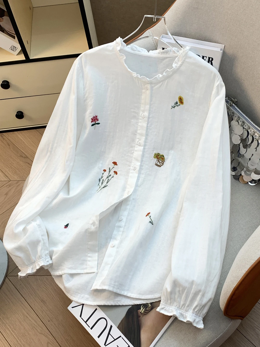 

Женская хлопковая блузка Ele с двойным слоем, длинным рукавом, свободного кроя, с вышивкой, в стиле колледж, с рюшами на воротнике, весна-осень