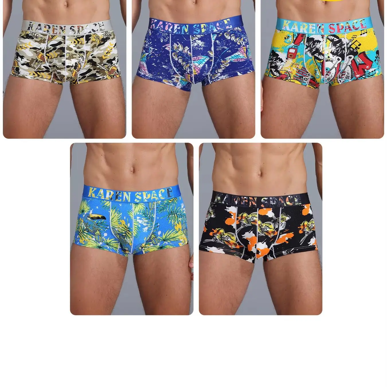 Men's Low Waist Mini Boxer Trunks Sexy Ice Silk Underwear with U Convex Pouch Quick Drying Printed Bikini Briefs Randomly 2pc