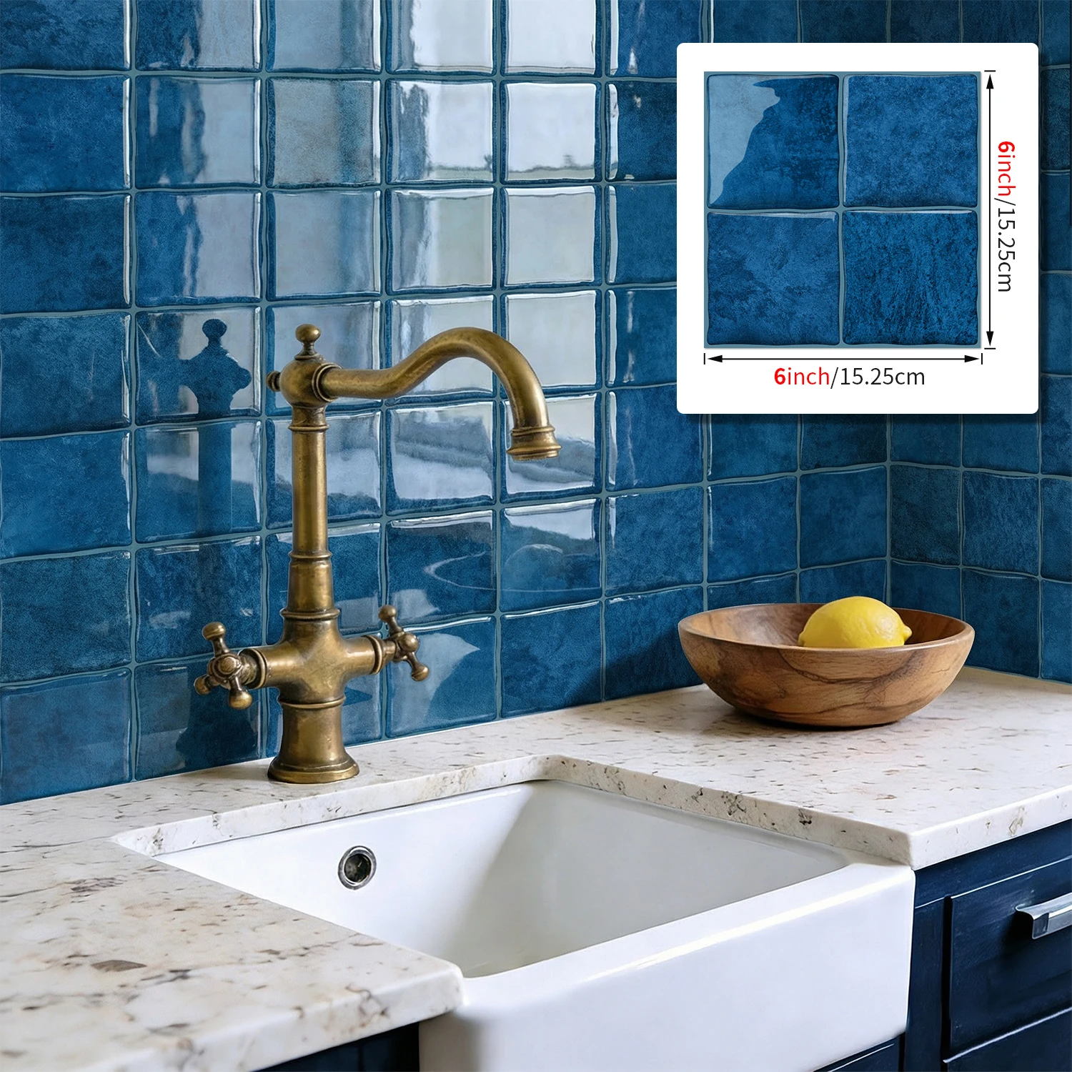 3D Epoxy Blue Tile Wall Stickers (6x6inch) Self-Adhesive PET+PU Waterproof Decor for Kitchen Bathroom